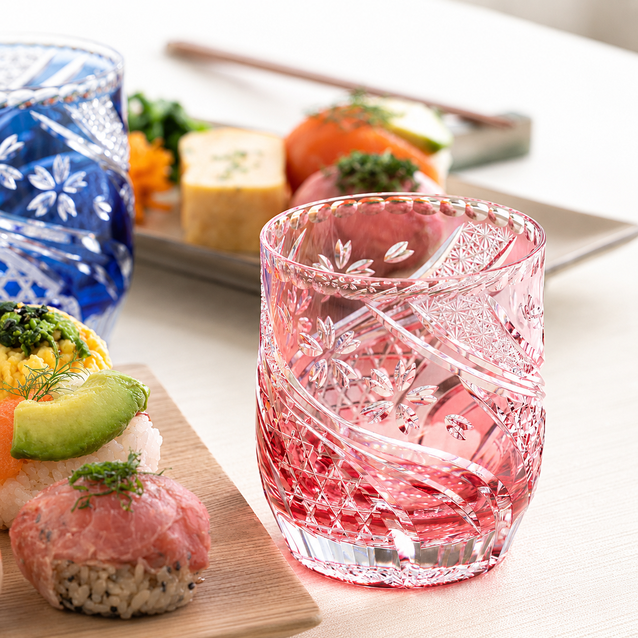  Ly pha lê rock glass họa tiết Edo Kiriko 'Sakura Nagare' 330ml màu đỏ | Kagami T753 - 2996-CAU 