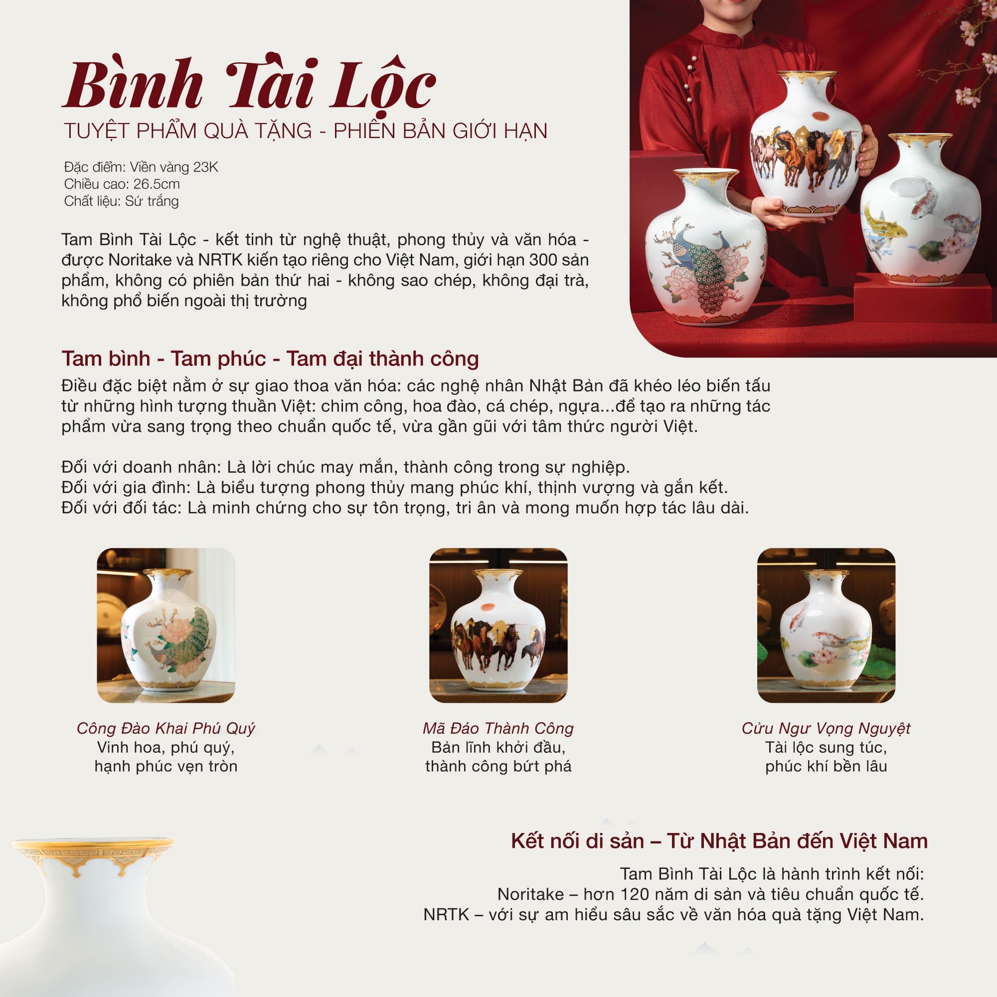  Bình Tài Lộc "Mã Đáo Thành Công" phiên bản giới hạn cao 26.5cm sứ trắng | Flared Vase Limited Collection M-799L - 91151 