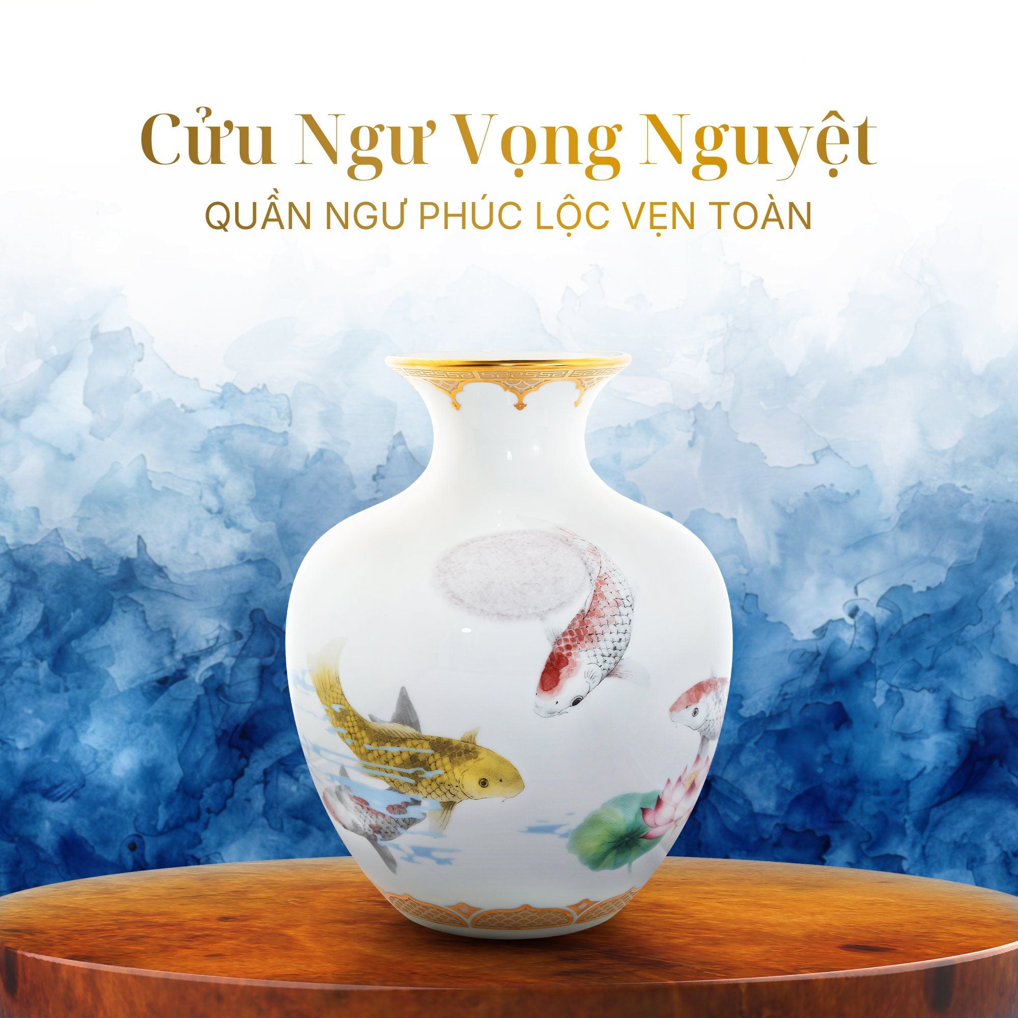  Bình Tài Lộc "Cửu Ngư Vọng Nguyệt" phiên bản giới hạn cao 26.5cm sứ trắng | Flared Vase Limited Collection M-800L - 91151 