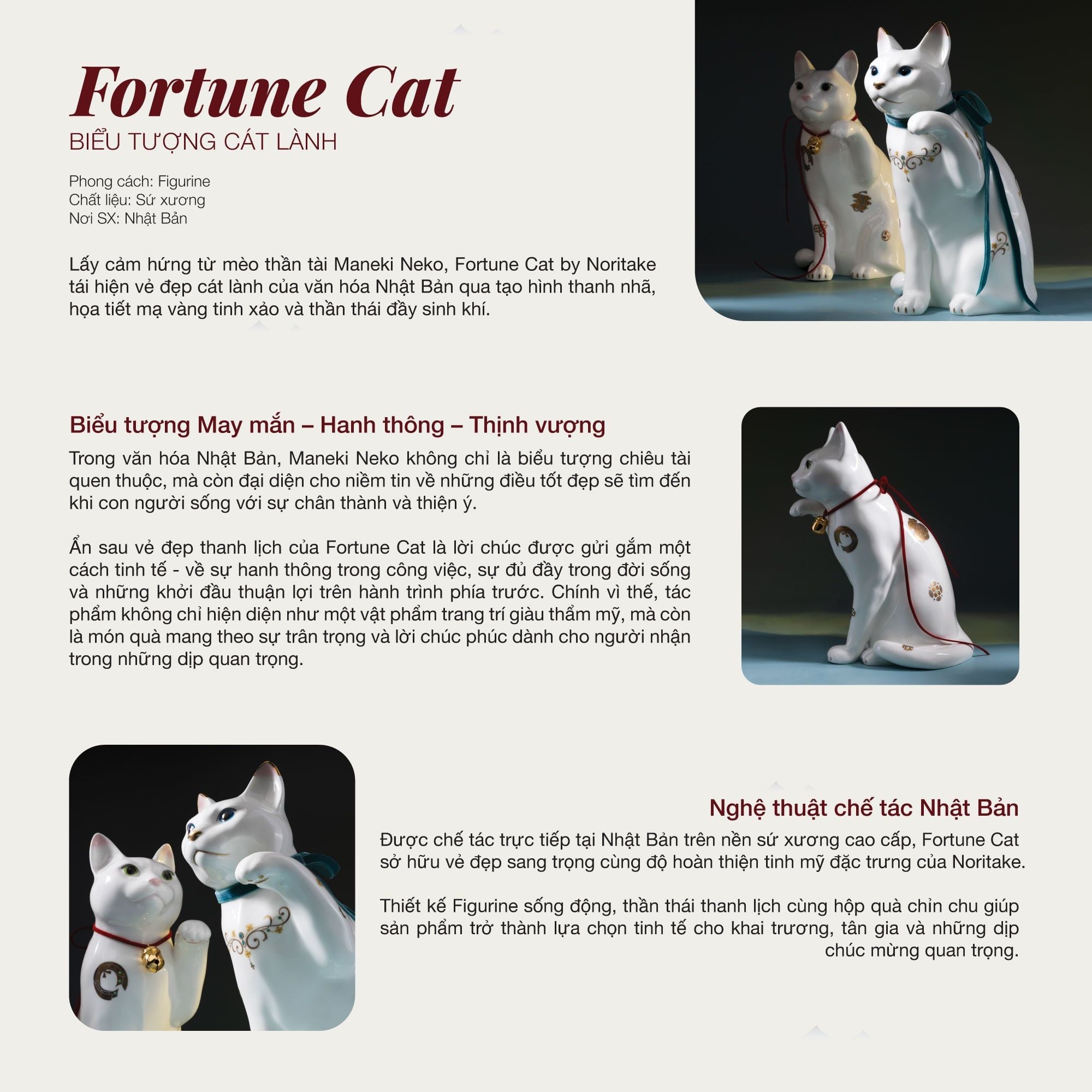  Tượng sứ mèo may mắn cao 26,5cm sứ xương cao cấp Nhật Bản | Fortune Cat AC405 - T54550B 