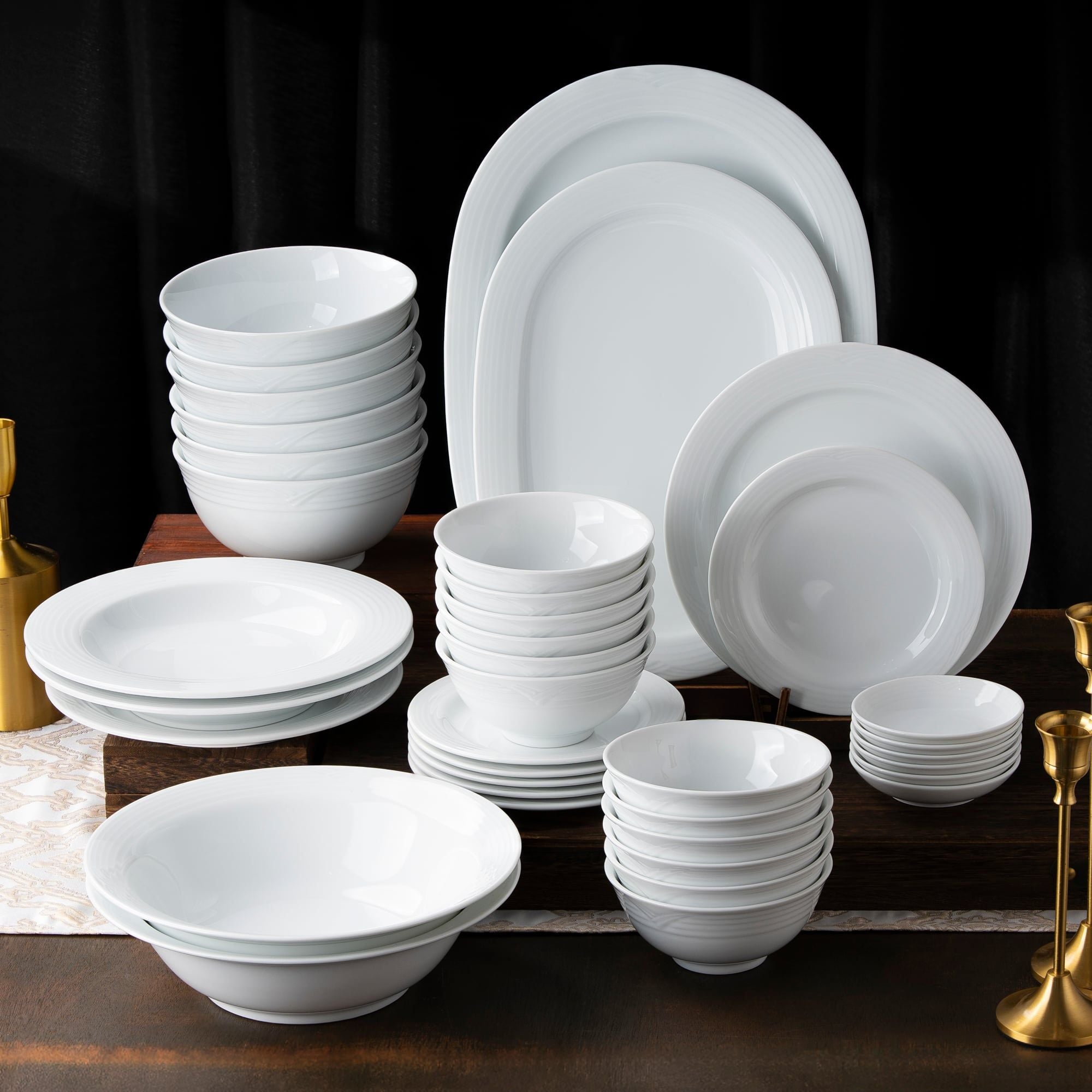  Bộ bát đĩa ăn châu Á đầy đủ 38 món (đĩa tròn, cho 6 người) sứ trắng| Arctic White 4000L - D038AT 