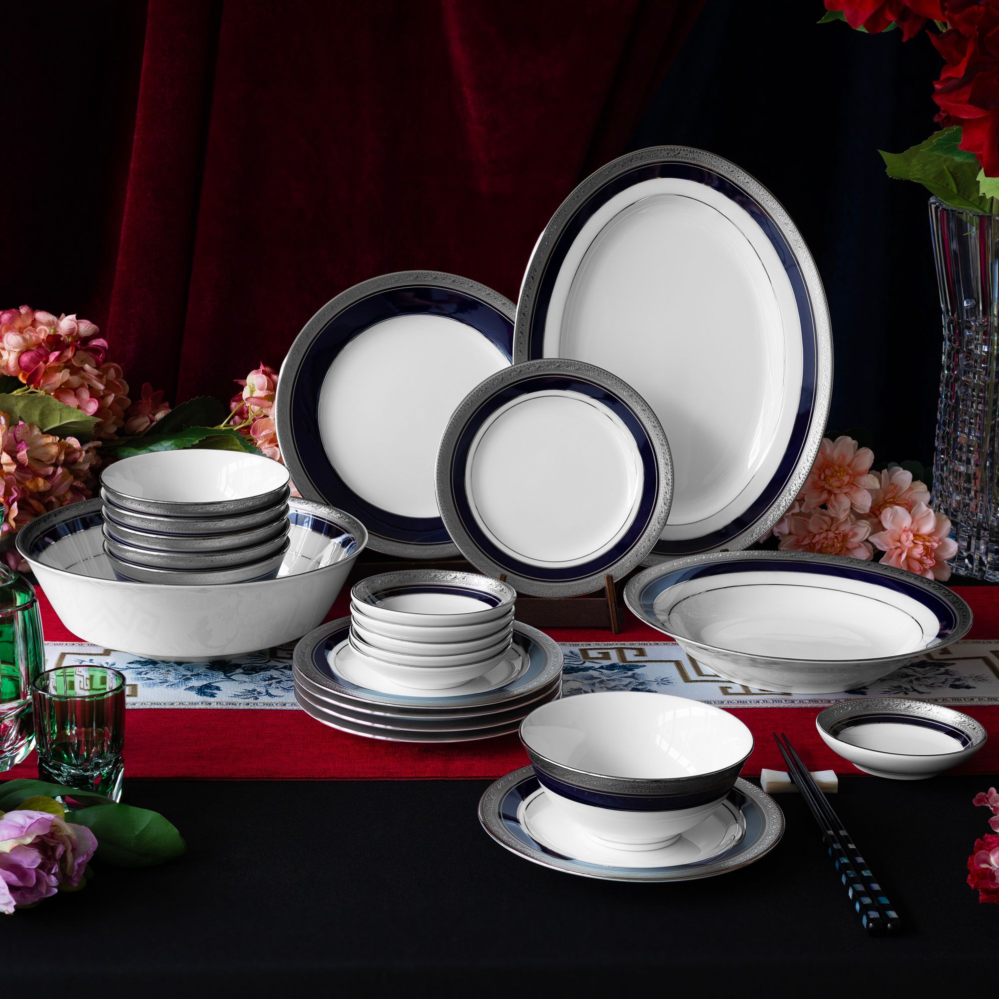  Bộ bát đĩa ăn châu Á cơ bản 22 món (cho 6 người) sứ trắng | Crestwood Cobalt Platinum 4170L - D022AB 