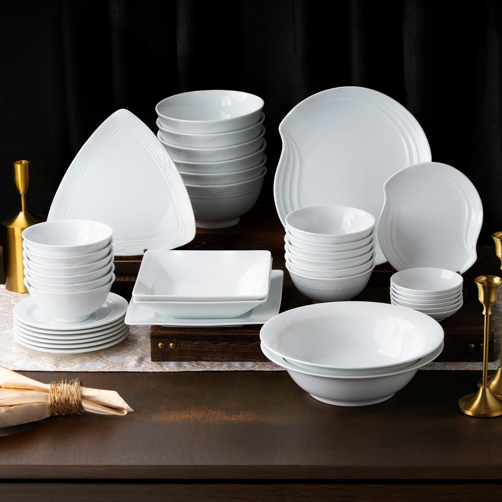  Bộ bát đĩa ăn châu Á 38 món (đĩa vuông, tam giác, sóng biển ) sứ trắng | Arctic White 4000L - D038AM 