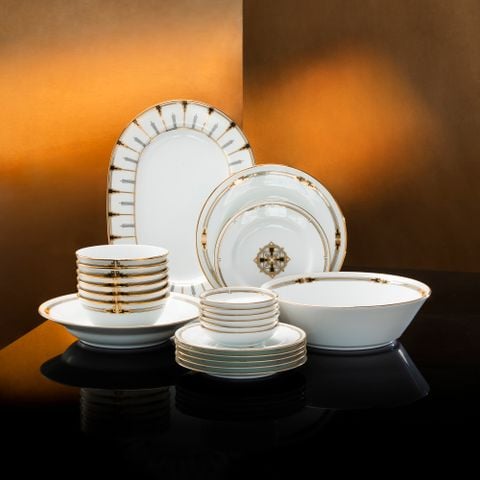  Bộ bát đĩa ăn châu Á cơ bản 22 món (cho 6 người) sứ trắng | Emprire Gold 1786L - D022AB 