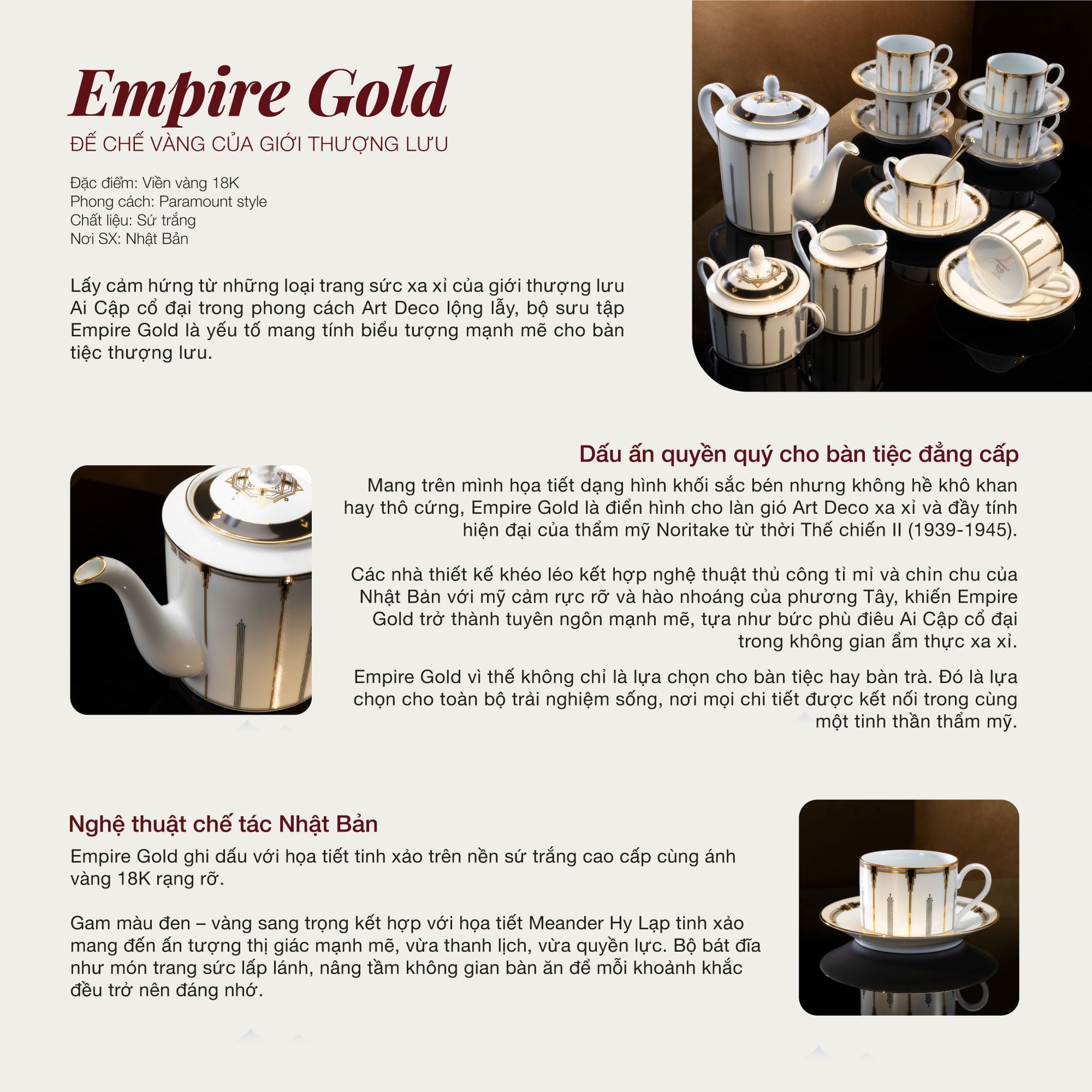  Bộ ấm chén uống trà (ấm 1.500ml, chén 240ml) 15 món sứ trắng | Empire Gold 1786L - T017A 