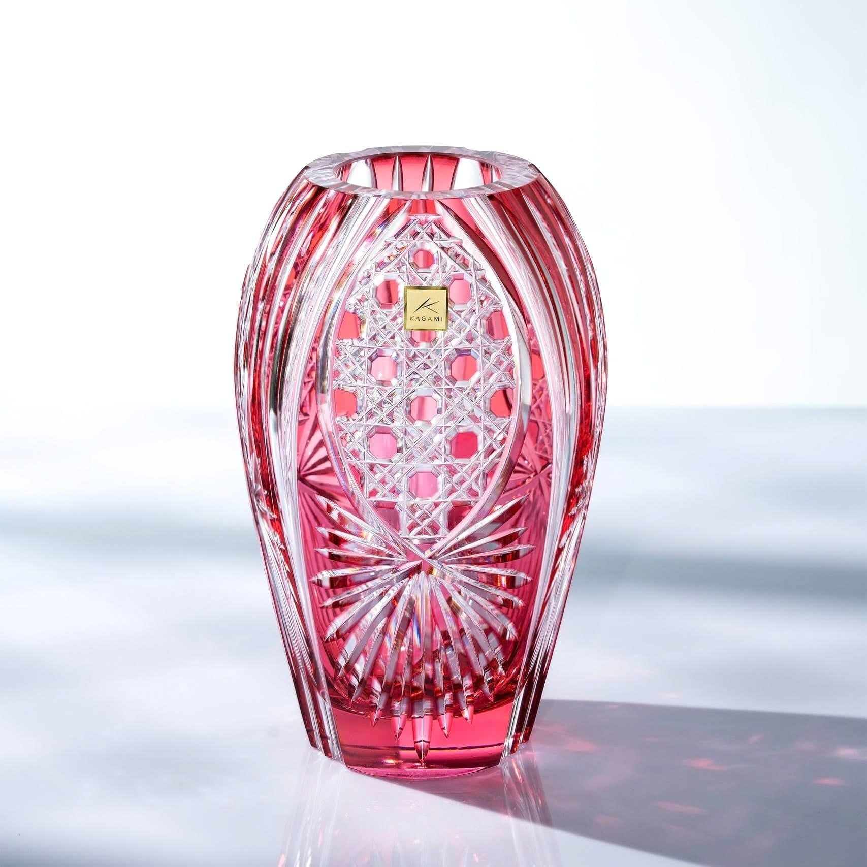  Bình hoa (lọ hoa) pha lê Edo Kiriko 'Octagonal Basket Weave' 20cm màu đỏ | Kagami Crystal F299 - 2674-CAU 