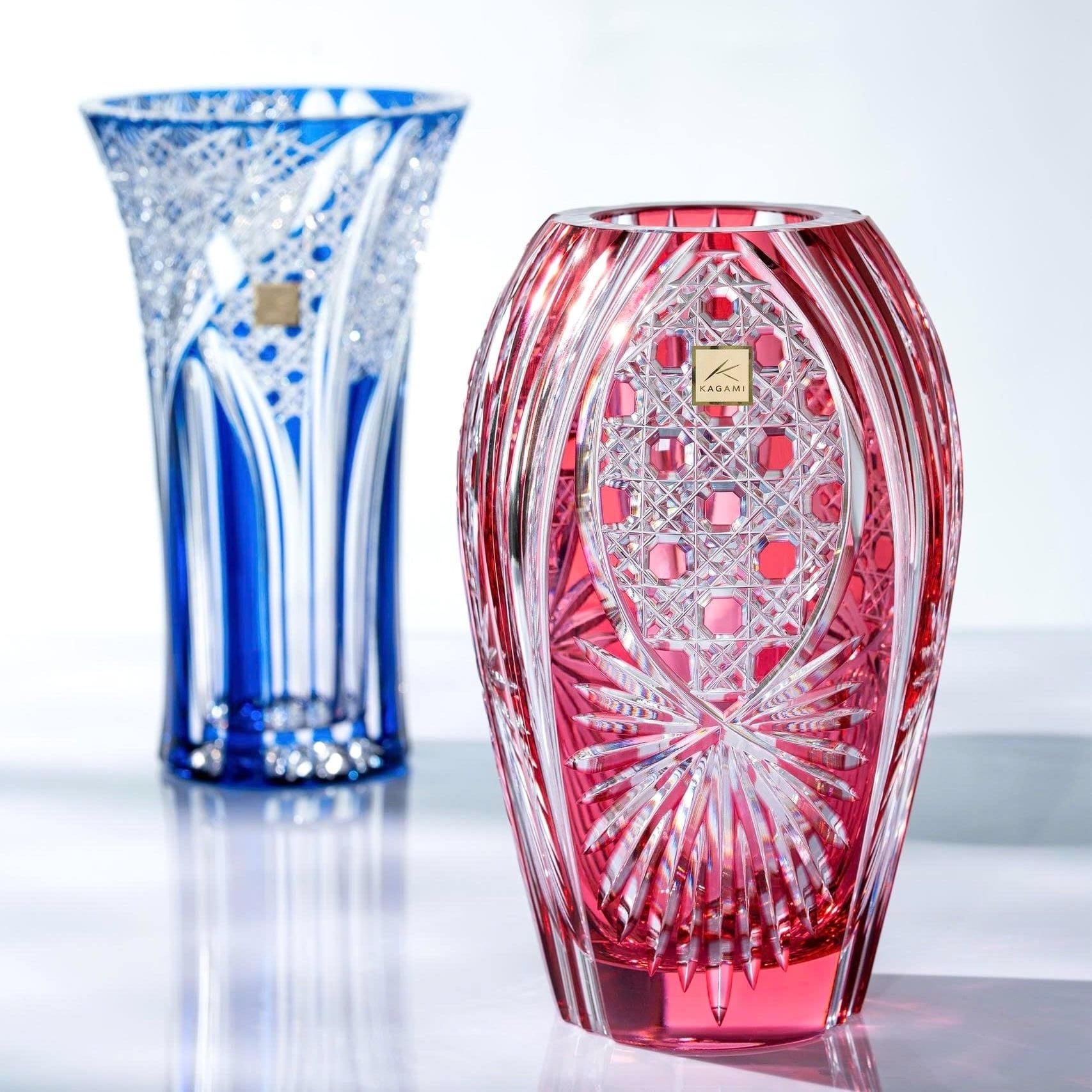  Bình hoa (lọ hoa) pha lê Edo Kiriko 'Octagonal Basket Weave' 20cm màu đỏ | Kagami Crystal F299 - 2674-CAU 