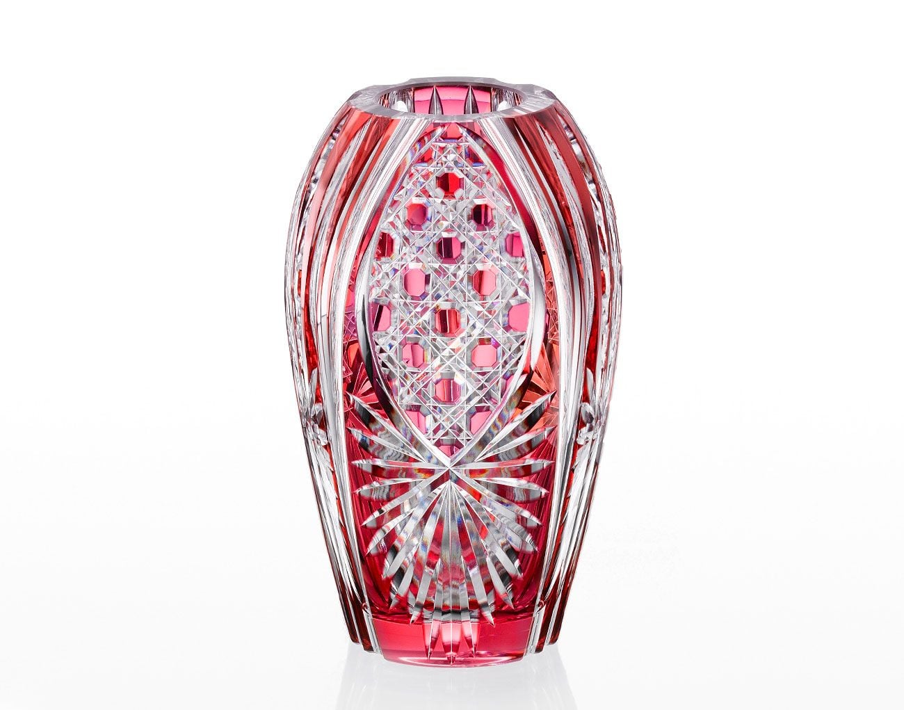  Bình hoa (lọ hoa) pha lê Edo Kiriko "Octagonal Basket Weave" cao 20cm màu đỏ | Kagami Crystal F299 - 2674-CAU 