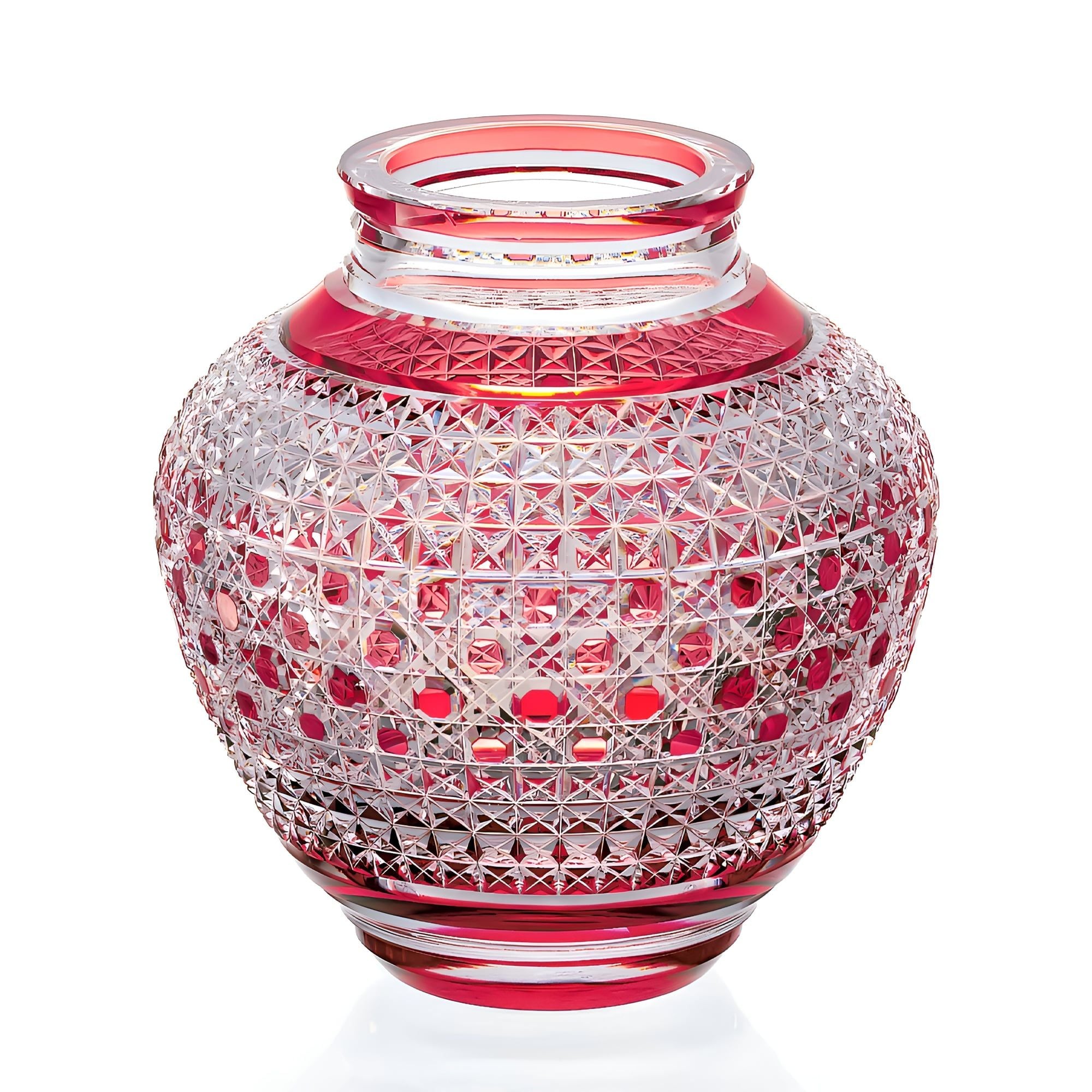  Bình hoa (lọ hoa) pha lê Edo Kiriko 'Hemp Leaf & Octagonal Basketweave' 20cm thân bầu màu đỏ | Kagami Crystal F475 - 2314-CAU 