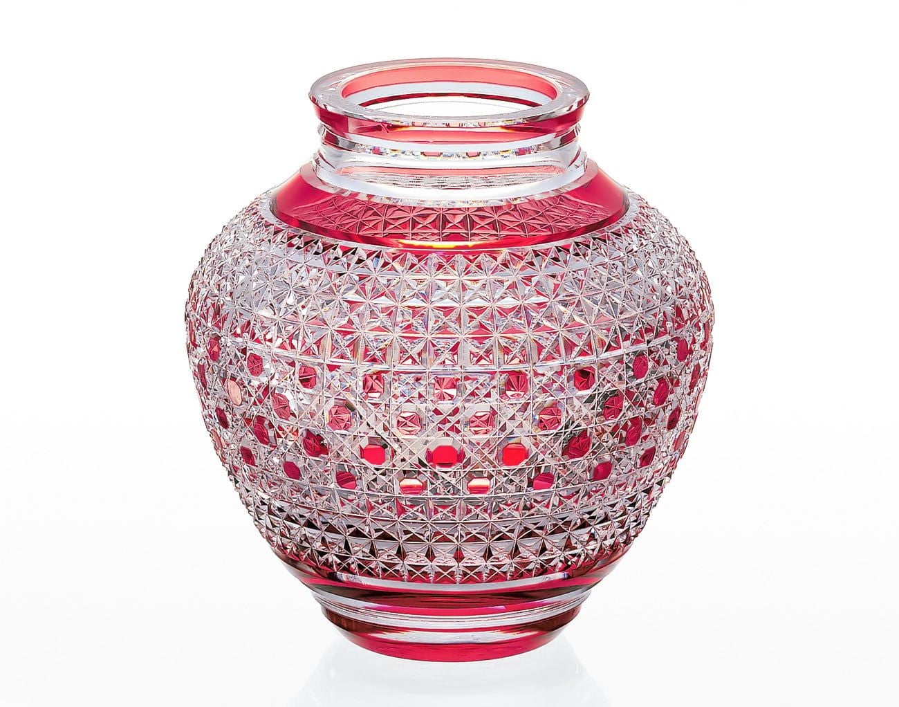  Bình hoa (lọ hoa) pha lê 'Hemp Leaf & Octagonal Basketweave' 20cm thân bầu màu xanh đỏ | Kagami Crystal F475 - 2314-CAU 