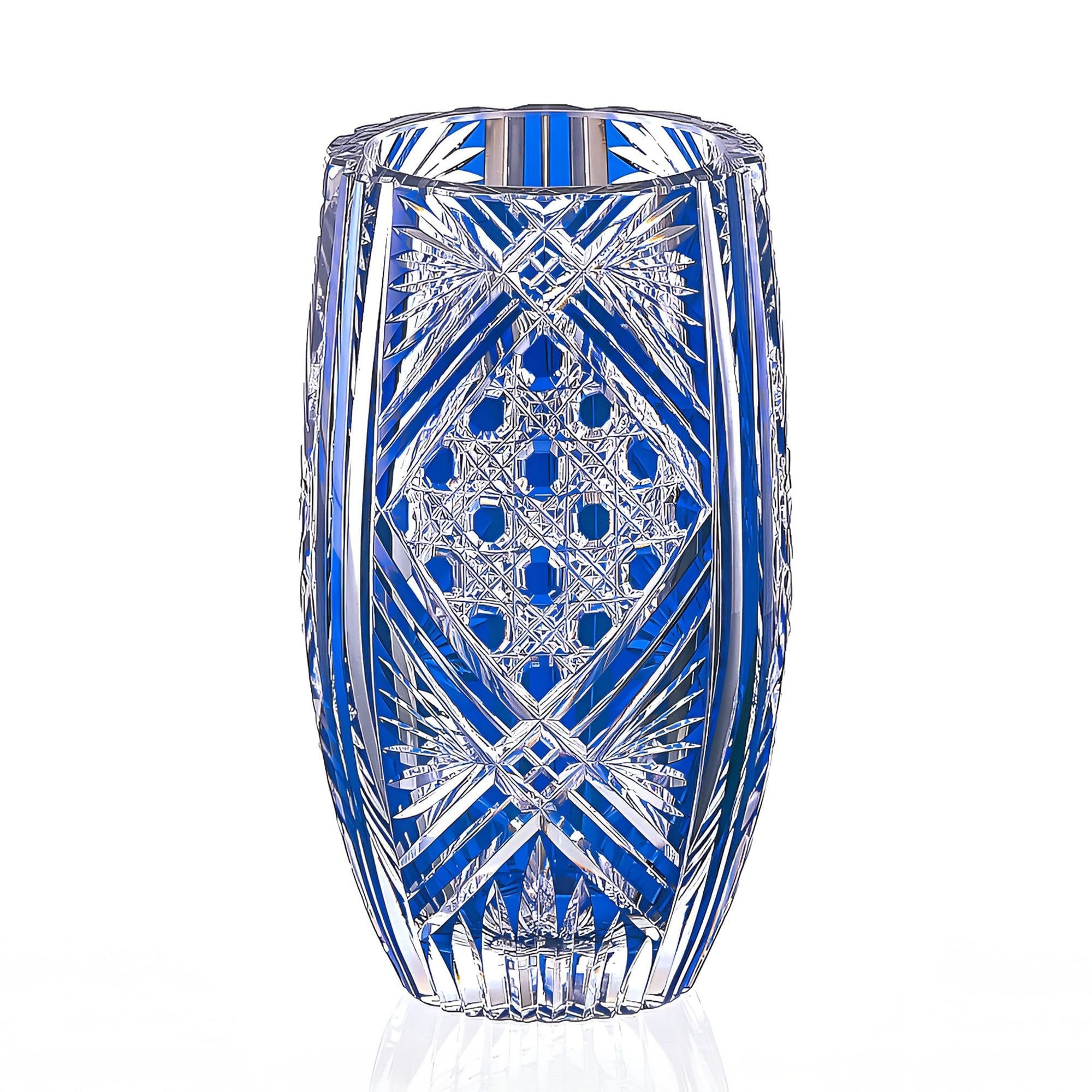  Bình hoa (lọ hoa) pha lê Edo Kiriko 'Bamboo Leaf & Octagonal Basketweave' 21cm màu xanh cobalt | Kagami Crystal F673 - 1845-CCB 