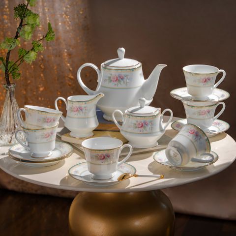  Bộ ấm chén uống trà (ấm 1.200ml, chén 230ml) 15 món sứ trắng | Flourishing Meadow M-677L - T017AB 