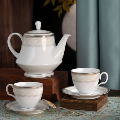  Bộ ấm chén uống trà (ấm 1.200ml, chén 250ml) 15 món sứ trắng | Glendonald Platinum 1713L - T017A 