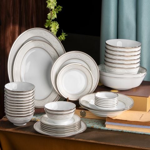 Bộ bát đĩa ăn châu Á đầy đủ 38 món (cho 6 người) sứ trắng | Glendonald Platinum 1713L - D038AB