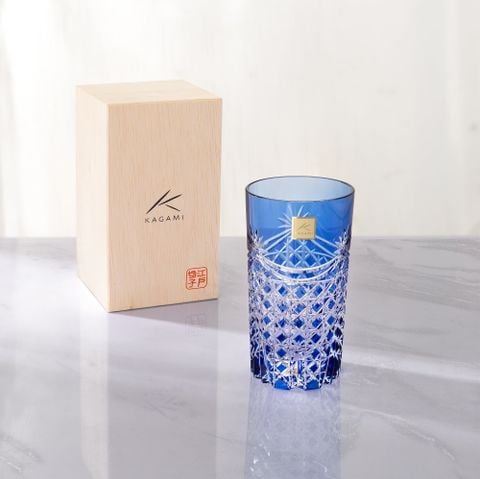  Ly (cốc) pha lê highball họa tiết Edo Kiriko (Square Basket Weave) 250ml màu xanh cobalt | Kagami T369 - 2835-CCB 