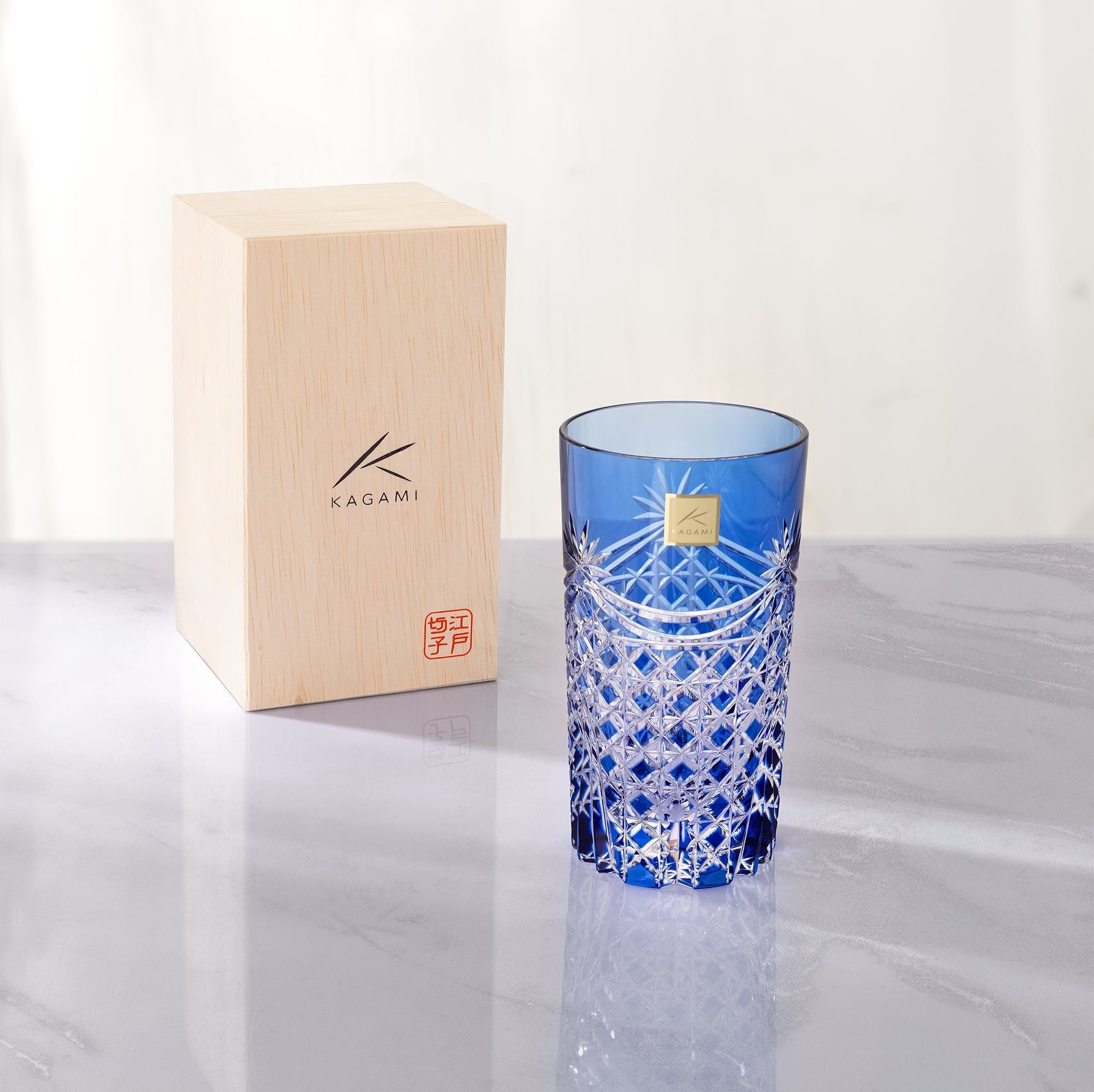  Ly (cốc) pha lê highball họa tiết Edo Kiriko (Square Basket Weave) 250ml màu xanh cobalt | Kagami T369 - 2835-CCB 