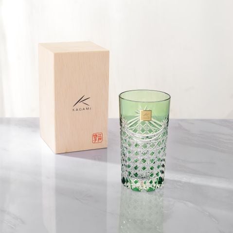  Ly (cốc) pha lê highball họa tiết Edo Kiriko (Square Basket Weave) 250ml màu xanh lá cây | Kagami T369 - 2835-CGR 