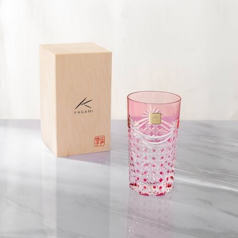  Ly (cốc) pha lê highball họa tiết Edo Kiriko (Square Basket Weave) 250ml màu đỏ | Kagami T369 - 2835-CAU 