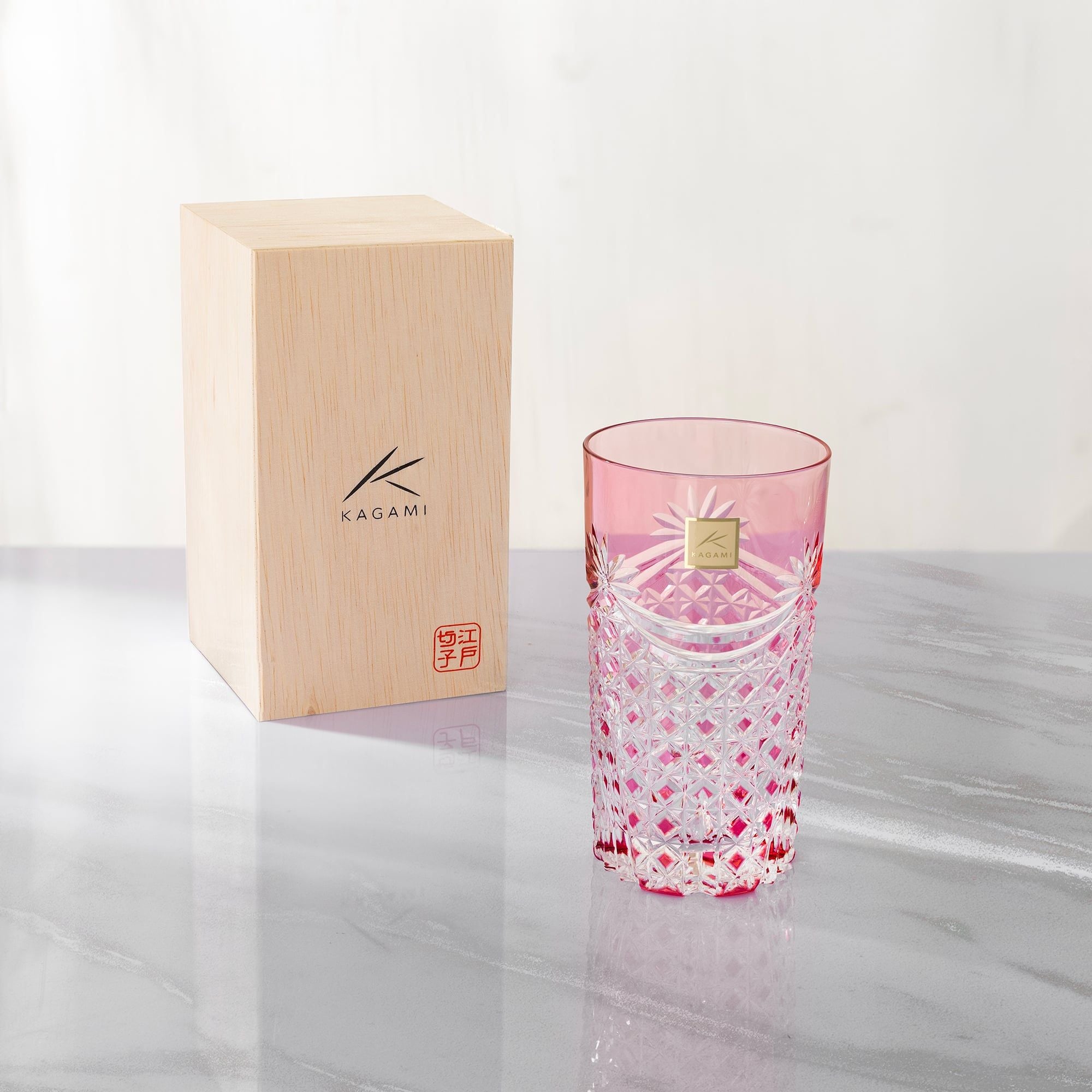  Ly (cốc) pha lê highball họa tiết Edo Kiriko (Square Basket Weave) 250ml màu đỏ | Kagami T369 - 2835-CAU 