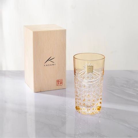  Ly (cốc) pha lê highball họa tiết Edo Kiriko (Square Basket Weave) 250ml màu vàng | Kagami T369 - 2835-CUM 