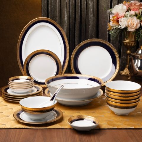  Bộ bát đĩa ăn châu Á cơ bản 22 món (cho 6 người) sứ trắng | Crestwood Cobalt Gold 4171L - D022AB 