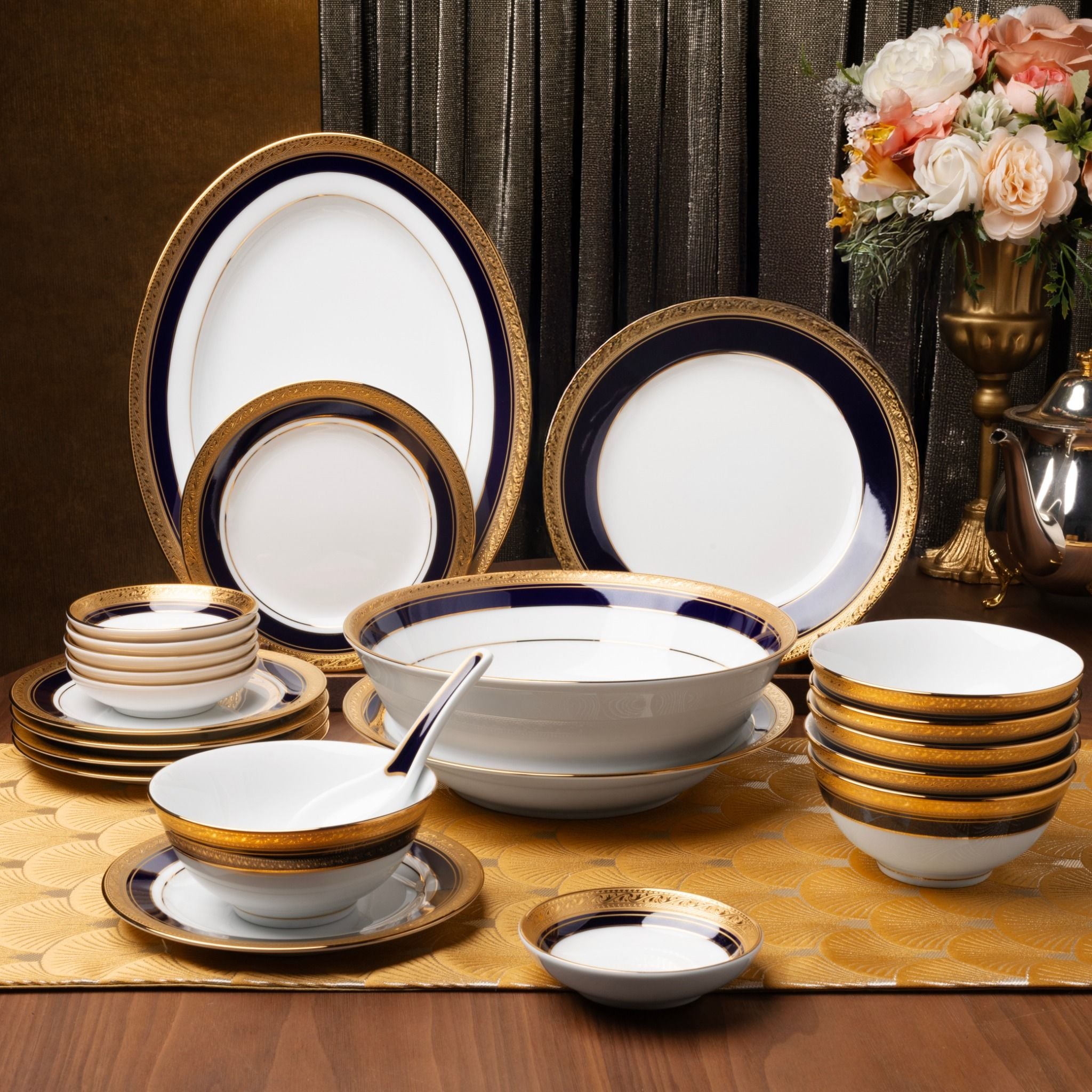  Bộ bát đĩa ăn châu Á cơ bản 22 món (cho 6 người) sứ trắng | Crestwood Cobalt Gold 4171L - D022AB 