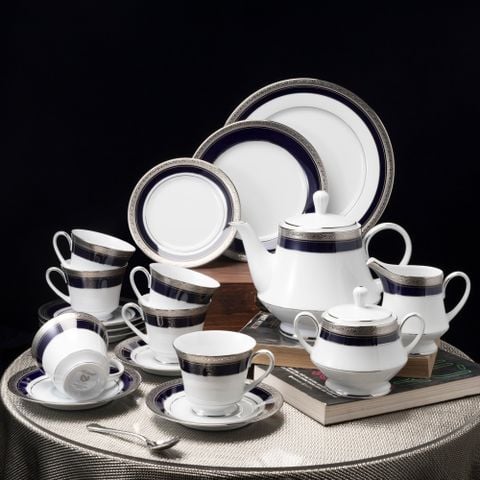  Bộ ấm chén uống trà (ấm 1.200ml, chén 230ml) 18 món sứ trắng | Crestwood Cobalt Platinum 4170L - T020A 
