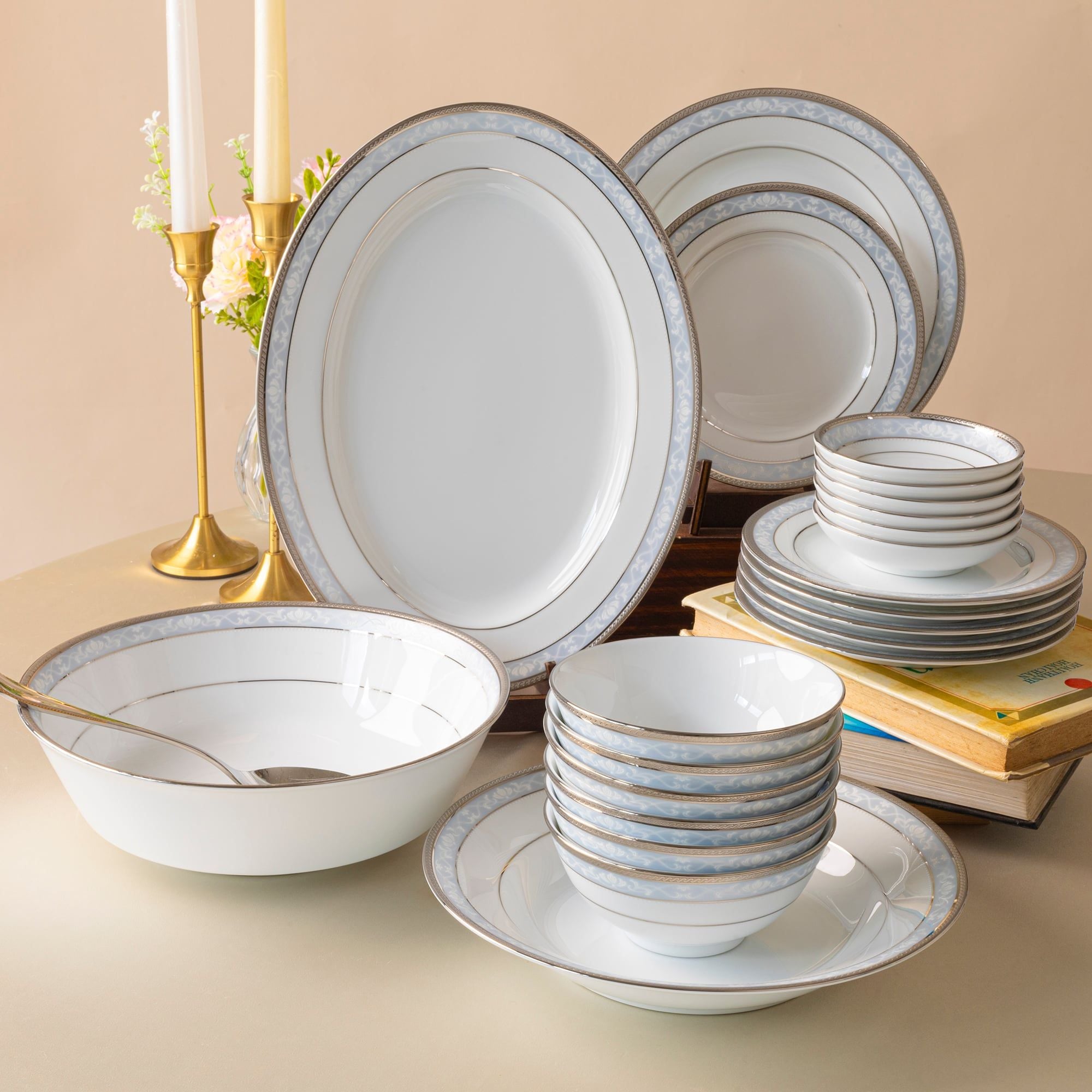  Bộ bát đĩa ăn châu Á cơ bản 22 món (cho 6 người) sứ trắng | Hampshire Platinum 4336L - D022AB 