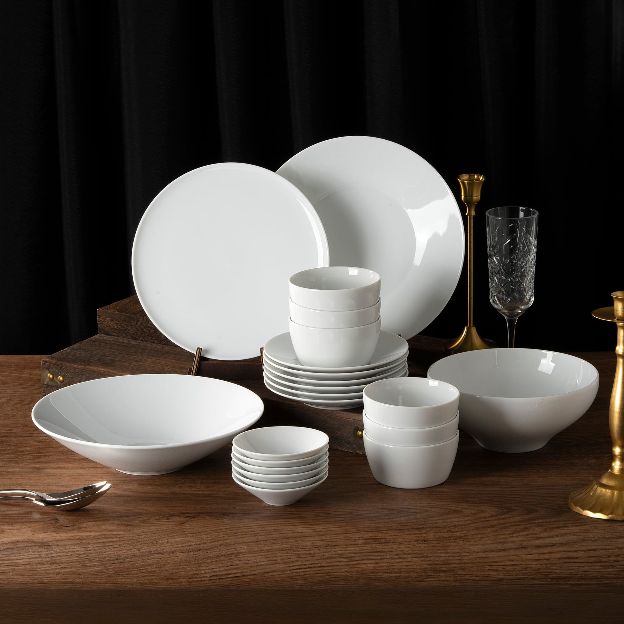  Bộ bát đĩa ăn châu Á 22 món (đĩa tròn, bát trụ cho 6 người) sứ trắng | N4 1628L - D022AT 