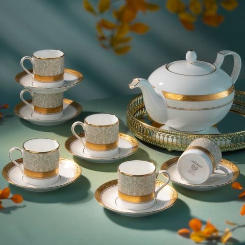  Bộ ấm chén uống trà (ấm 1.150ml, chén 90ml) 13 món sứ xương | Odessa Gold 4874L - T014XR 