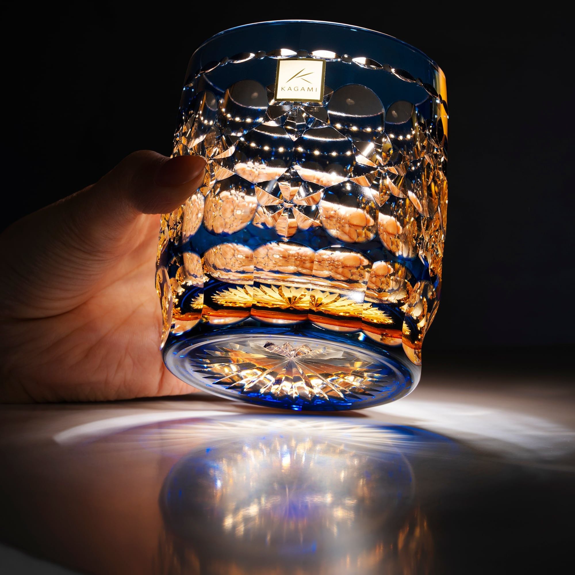  Ly pha lê rock glass Edo Kiriko 'Tamamai' 330ml xanh cobalt được chế tác bởi nghệ nhân Hideaki Shinozaki | Kagami Crystal T754 - 2708-WUB 