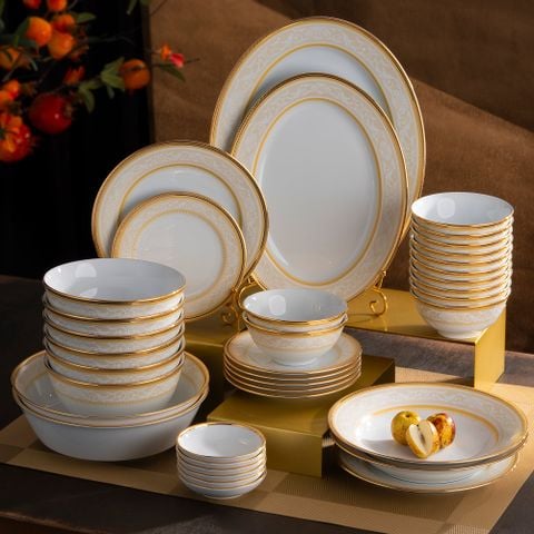 Bộ bát đĩa ăn châu Á đầy đủ 38 món (cho 12 người) sứ trắng | Glendonald Gold 1712L - D038AB