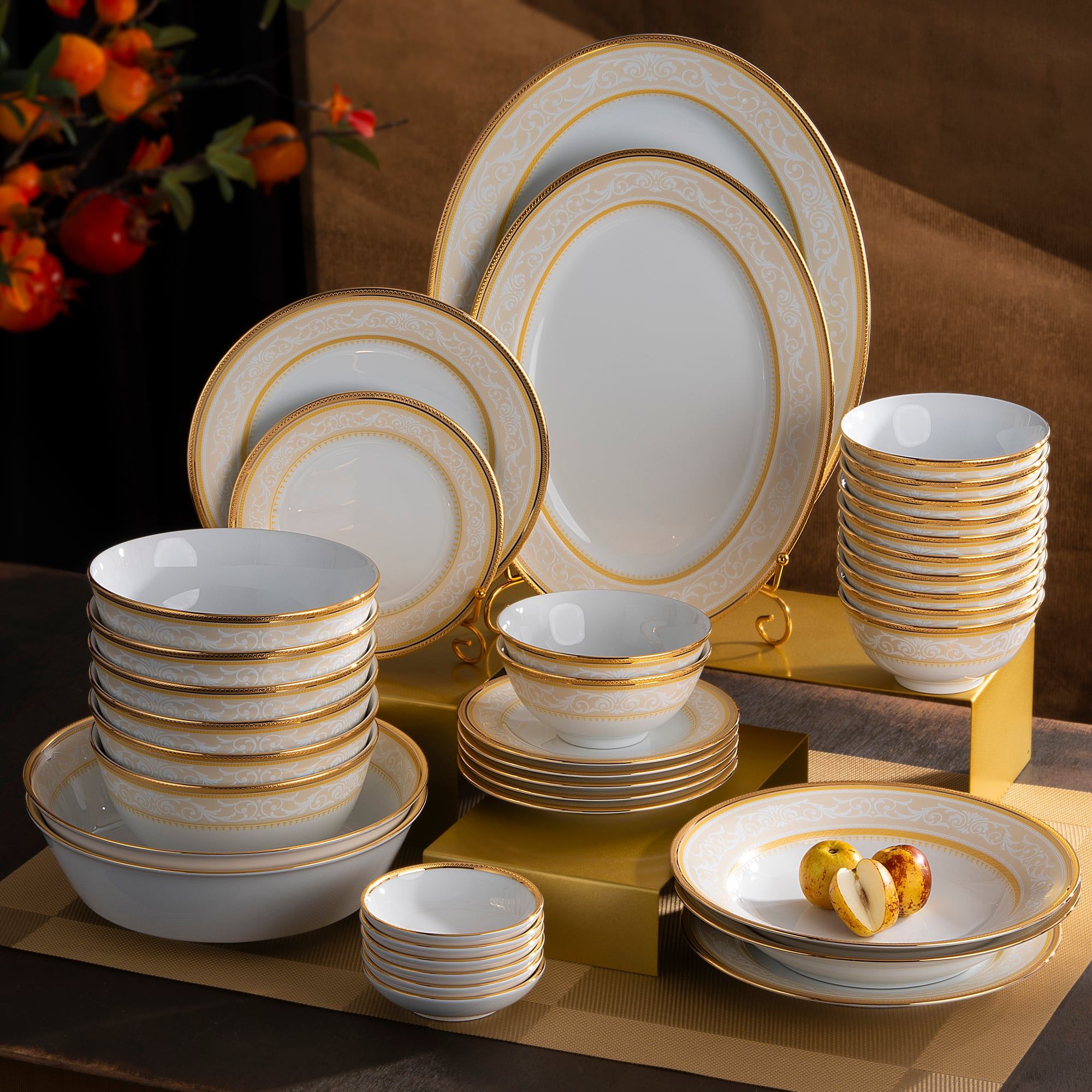  Bộ bát đĩa ăn châu Á đầy đủ 38 món (cho 12 người) sứ trắng | Glendonald Gold 1712L - D038AB 