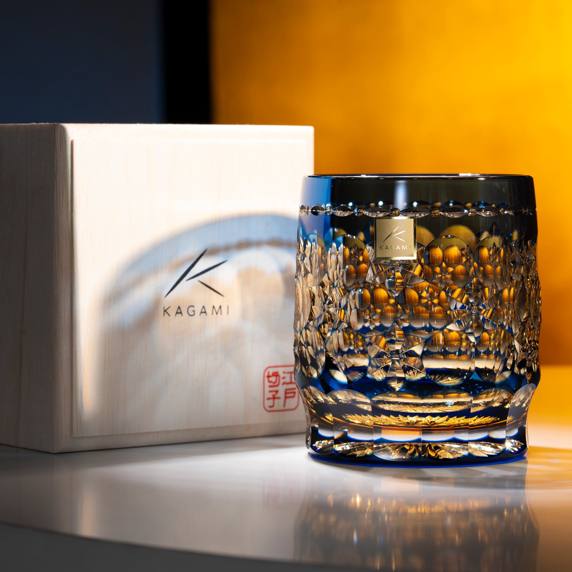  Ly pha lê rock glass Edo Kiriko 'Tamamai' 330ml xanh cobalt được chế tác bởi nghệ nhân Hideaki Shinozaki | Kagami Crystal T754 - 2708-WUB 