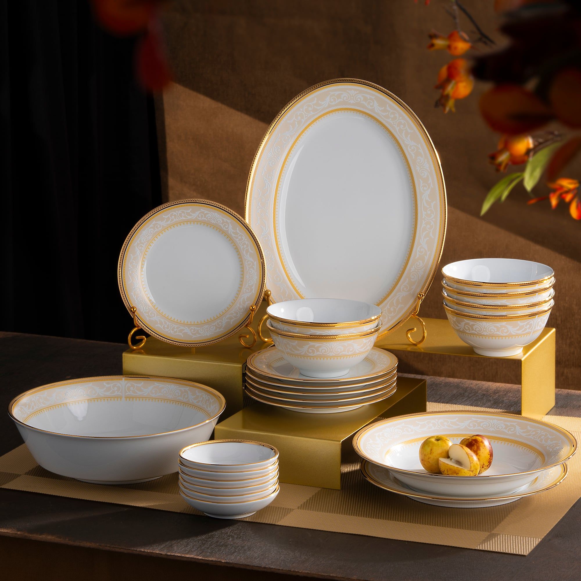  Bộ bát đĩa ăn châu Á cơ bản 22 món (cho 6 người) sứ trắng | Glendonald Gold 1712L - D022AB 