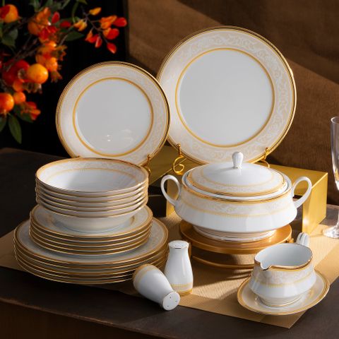 Bộ đĩa ăn kiểu Âu 22 món (cho 6 người) sứ trắng | Glendonald Gold 1712L - D024AL