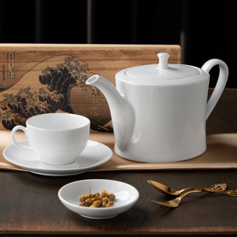  Bộ ấm chén uống trà (ấm 1.075ml, chén 190ml) 13 món sứ trắng | Art Stage 1609L - T014M 