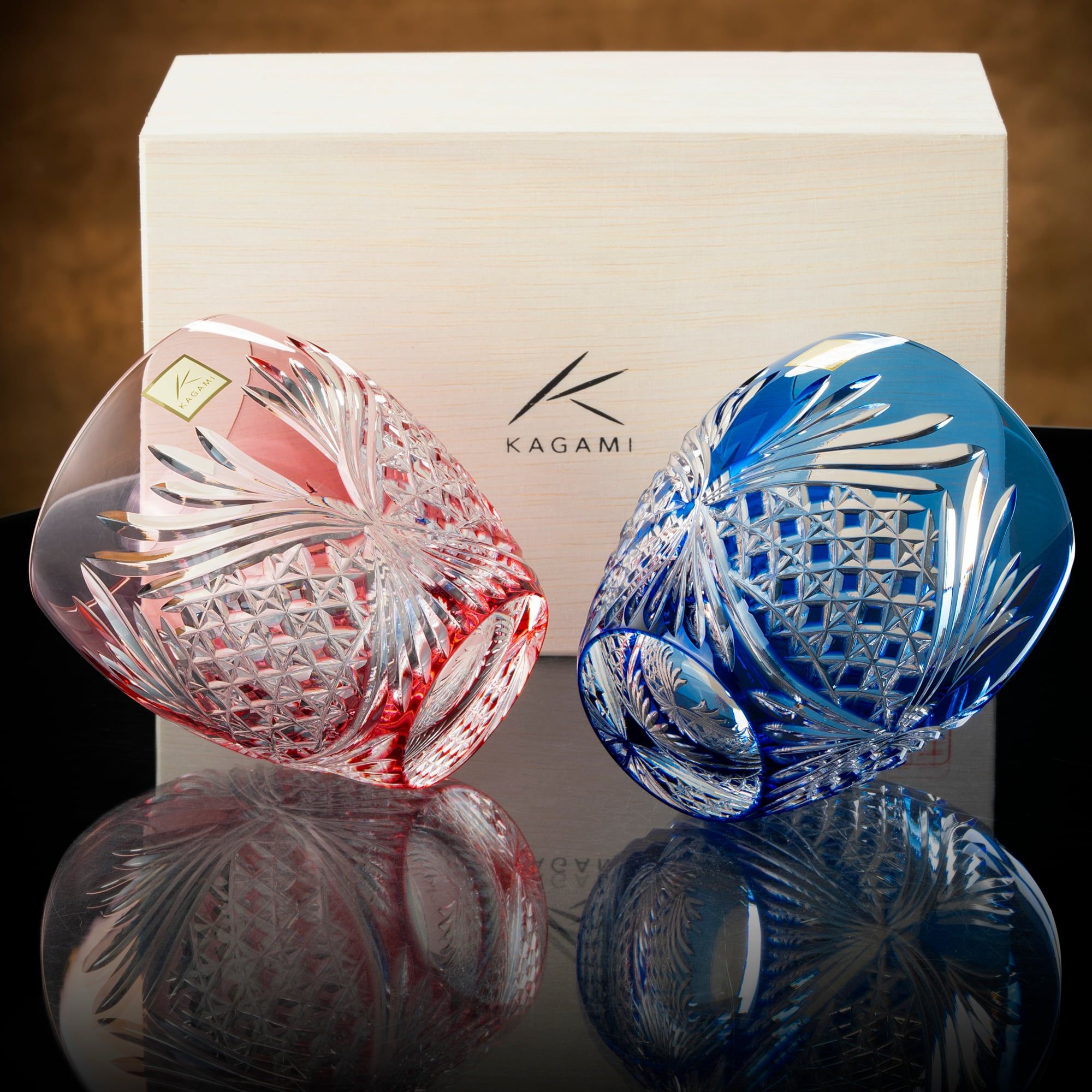 Cặp ly pha lê rock glass Edo Kiriko "Deer Antler" dung tích 300ml hai màu xanh - đỏ | Kagami Crystal TPS752 - 2964-AB 
