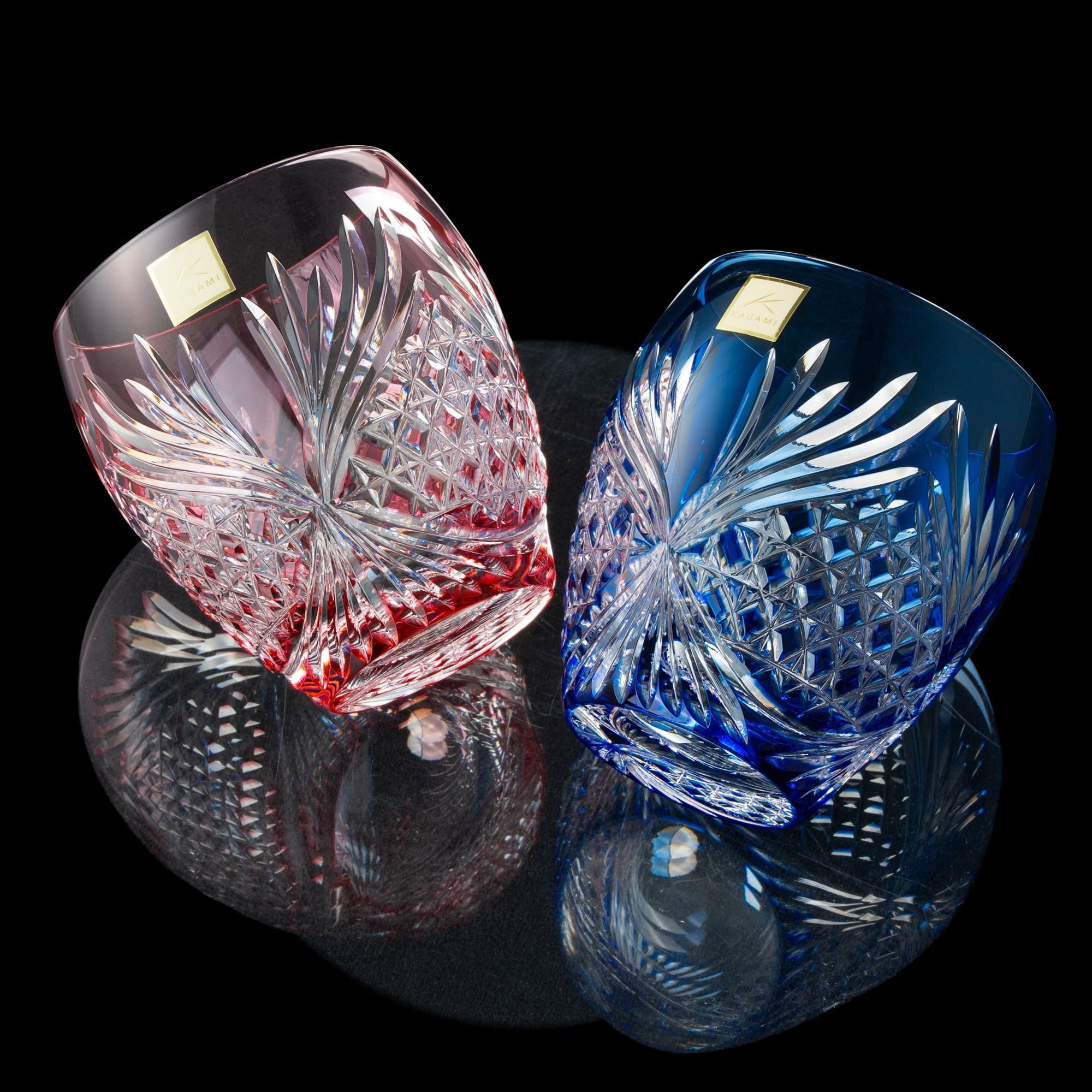  Cặp ly pha lê rock glass Edo Kiriko "Deer Antler" dung tích 300ml hai màu xanh - đỏ | Kagami Crystal TPS752 - 2964-AB 