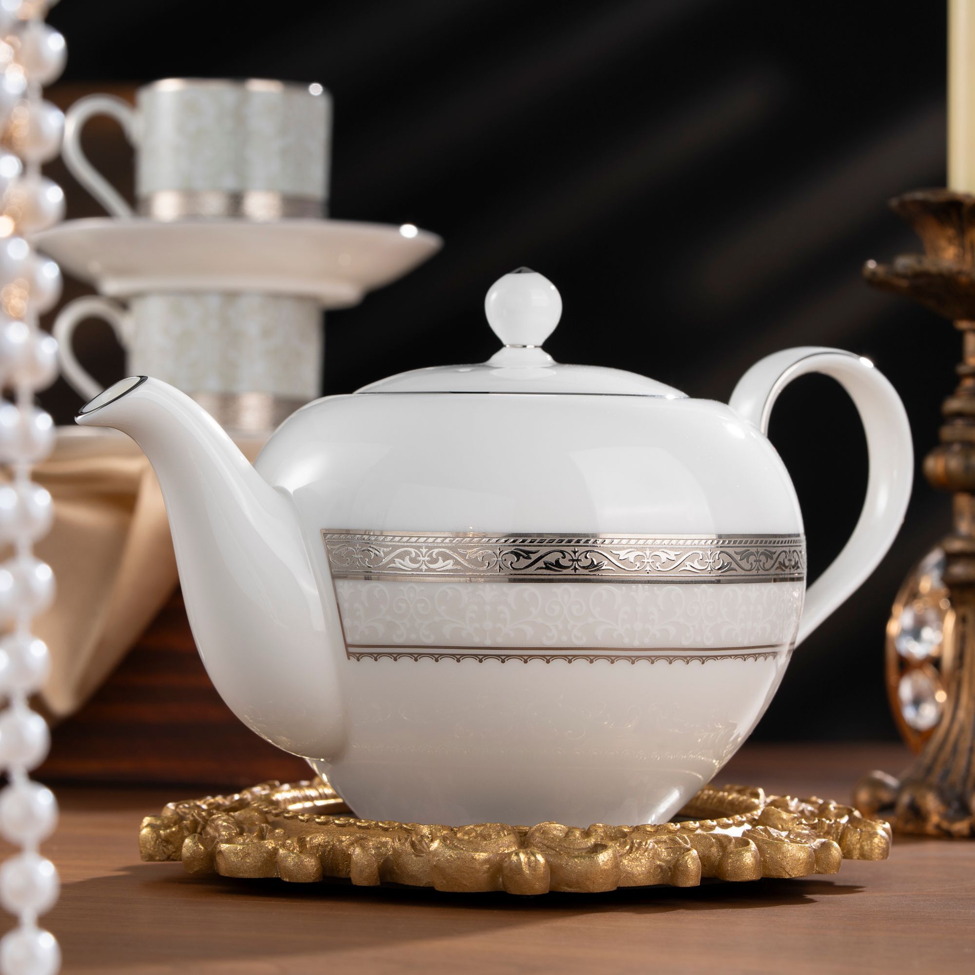  Bộ ấm chén uống trà nhỏ (ấm 650ml, chén 90ml) 13 món sứ xương | Odessa Platinum 4875L - T014S 