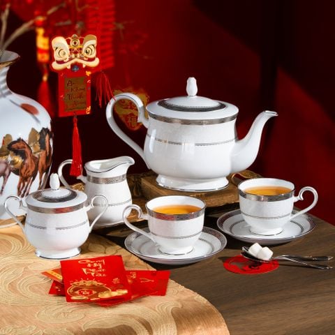  Bộ ấm chén uống trà (ấm 1.300ml, chén 230ml) 15 món sứ xương | Odessa Platinum 4875L - T017A 