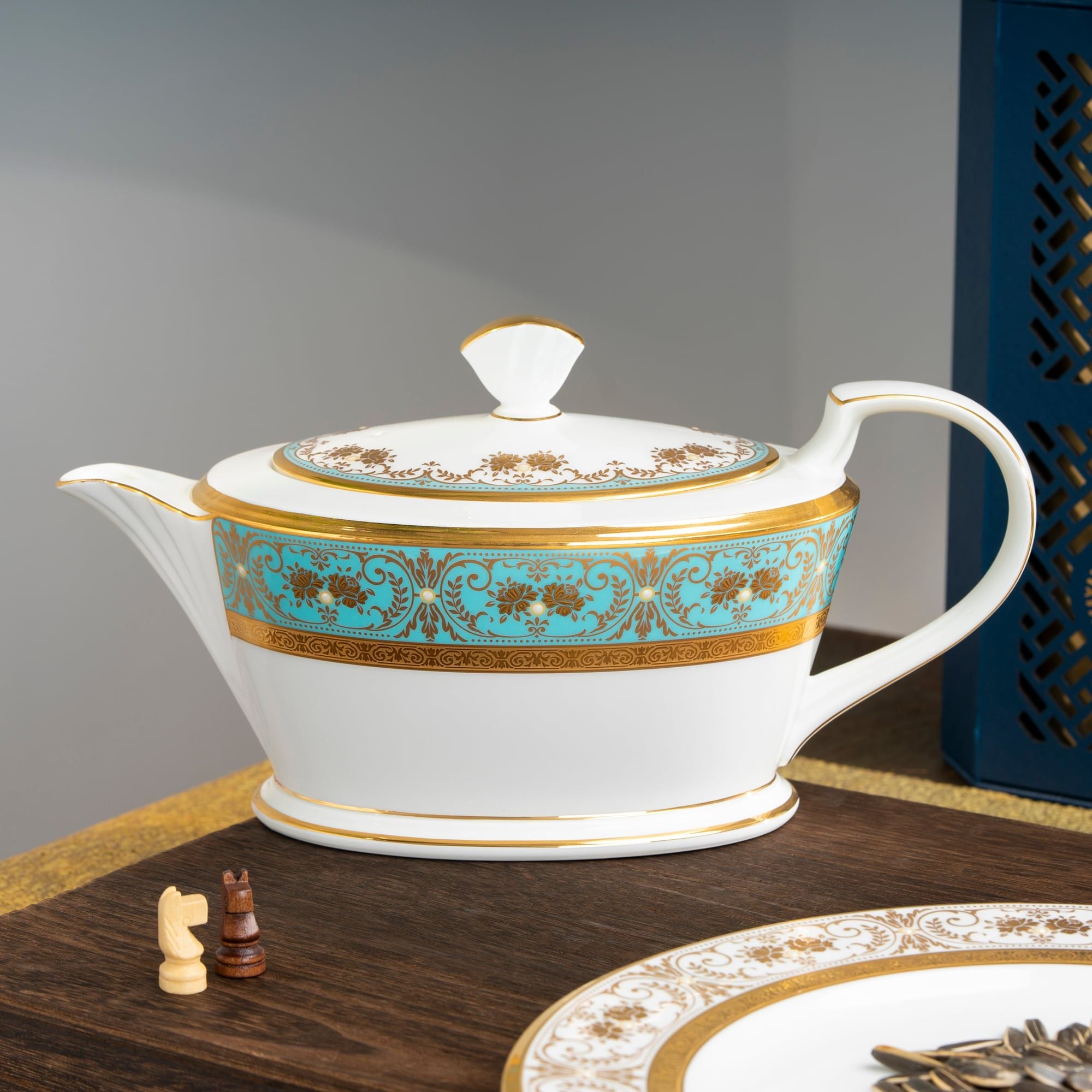  Bộ ấm chén uống trà (ấm 1.440ml, chén 220ml) 15 món sứ xương Nhật Bản | Georgian Turquoise 4857J - T017L 