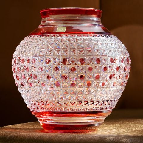  Bình hoa (lọ hoa) pha lê Edo Kiriko 'Hemp Leaf & Octagonal Basketweave' 20cm thân bầu màu đỏ | Kagami Crystal F475 - 2314-CAU 