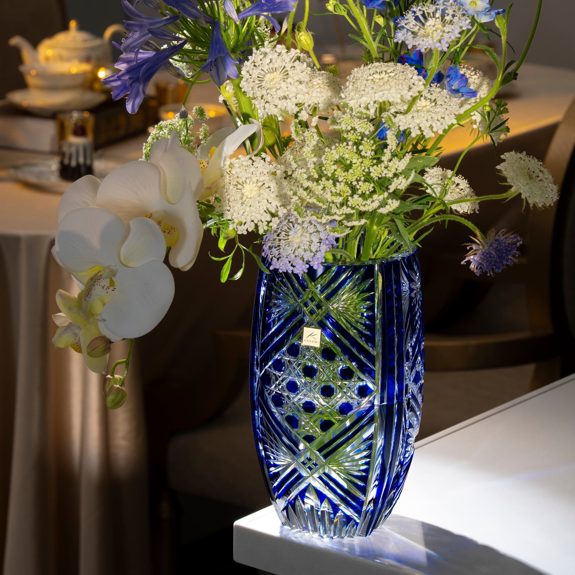  Bình hoa (lọ hoa) pha lê Edo Kiriko 'Bamboo Leaf & Octagonal Basketweave' 21cm màu xanh cobalt | Kagami Crystal F673 - 1845-CCB 