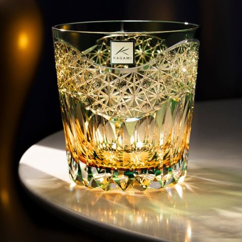  Ly pha lê rock glass họa tiết Edo Kiriko 'Gyokou' 320ml màu xanh lá được chế tác bởi nghệ nhân Satoshi Nabetani | Kagami Crystal T755 - 2971-WUG 