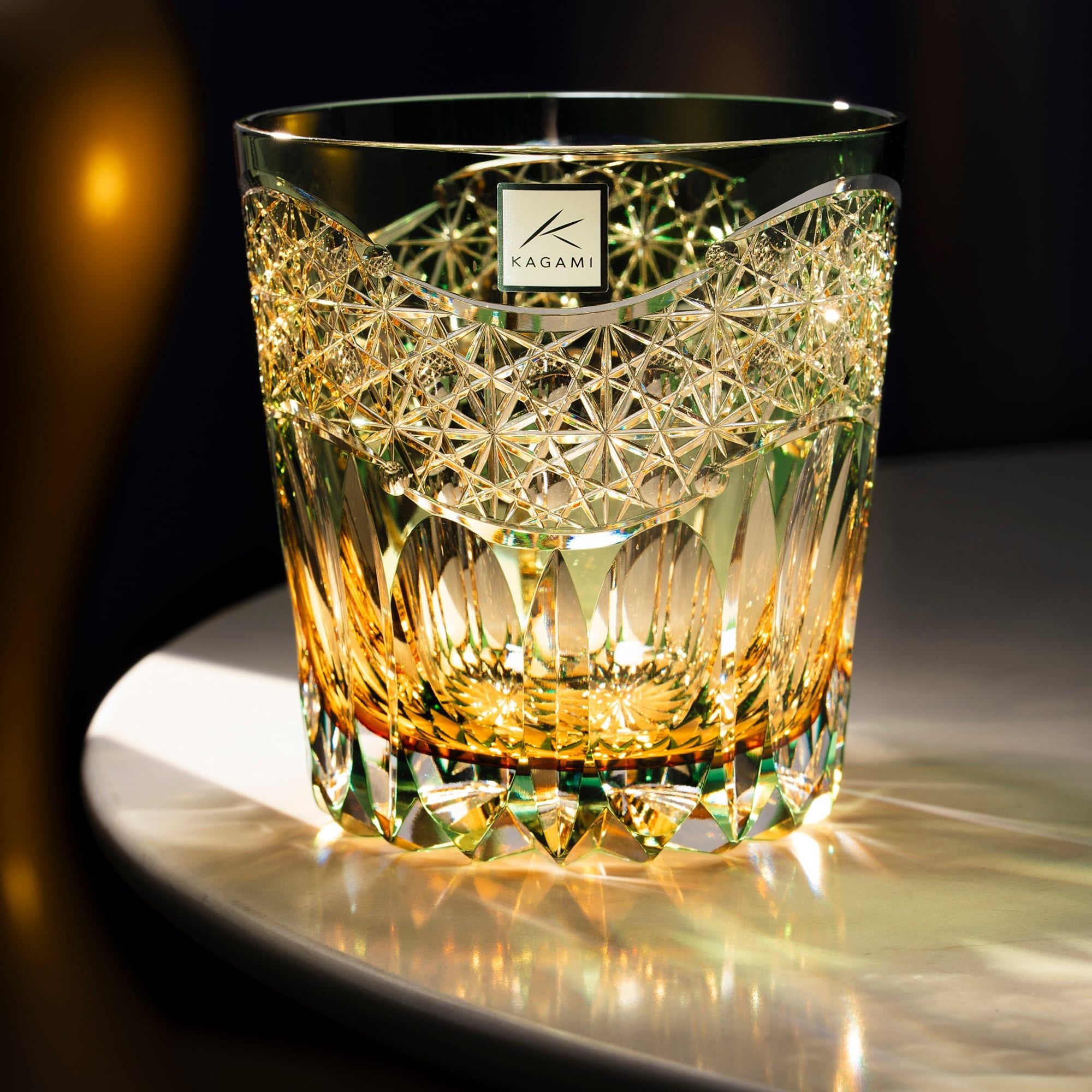  Ly pha lê rock glass họa tiết Edo Kiriko 'Gyokou' 320ml màu xanh lá được chế tác bởi nghệ nhân Satoshi Nabetani | Kagami Crystal T755 - 2971-WUG 