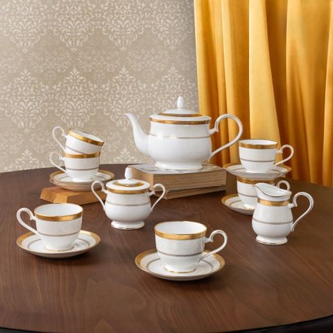  Bộ ấm chén uống trà (ấm 1.300ml, chén 230ml) 15 món sứ xương | Odessa Gold 4874L - T017A 