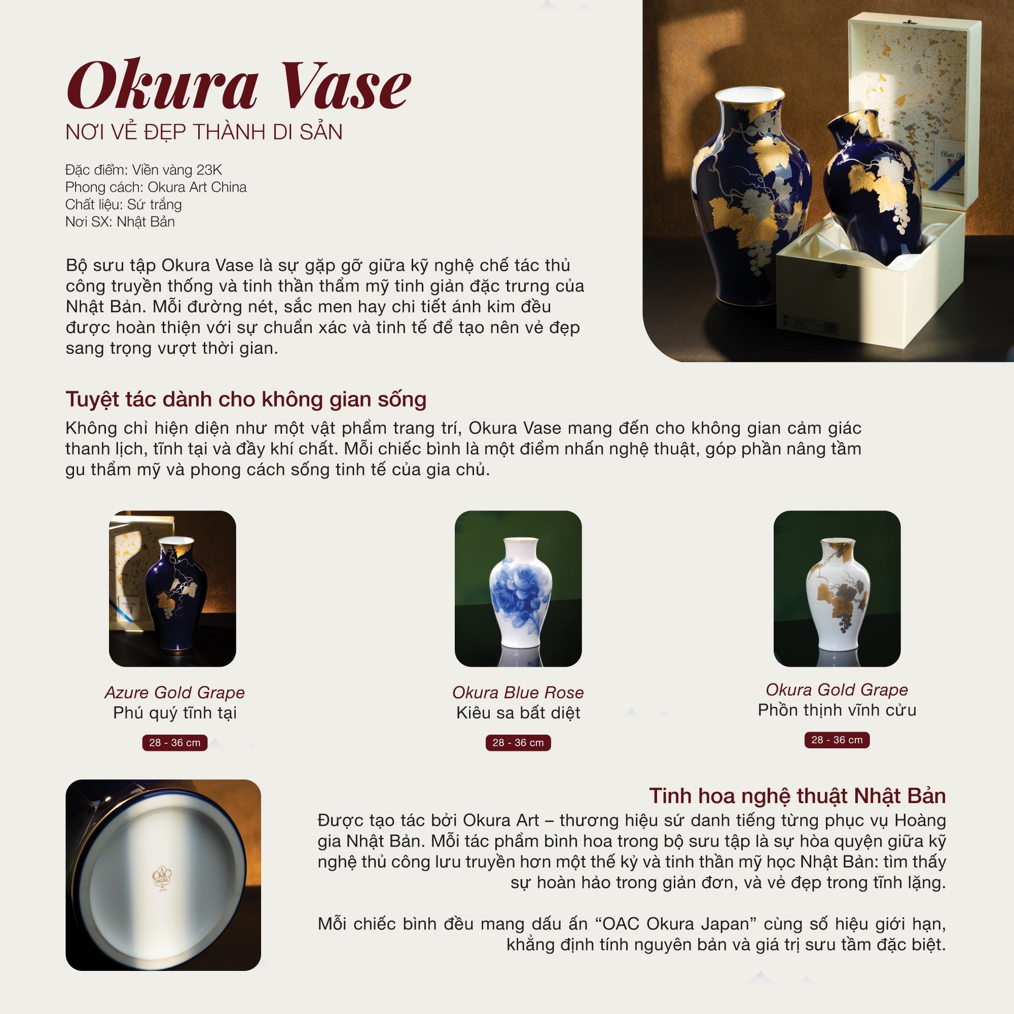  Bình hoa Okura "Nho vàng" cao 28cm, màu xanh coban | Okura Azure Gold Grape 9076 - 20A 