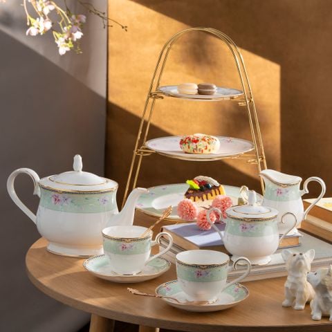  Bộ ấm chén uống trà (ấm 1.300ml, chén 230ml) 15 món sứ xương | Spring Symphony 4998L - T017A 