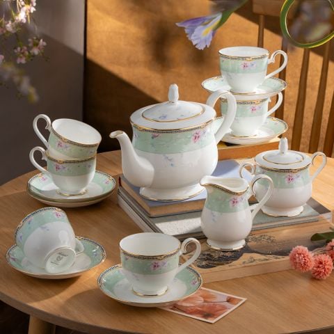 Bộ ấm chén uống trà (ấm 1.300ml, chén 230ml) 15 món sứ xương | Spring Symphony 4998L - T017A